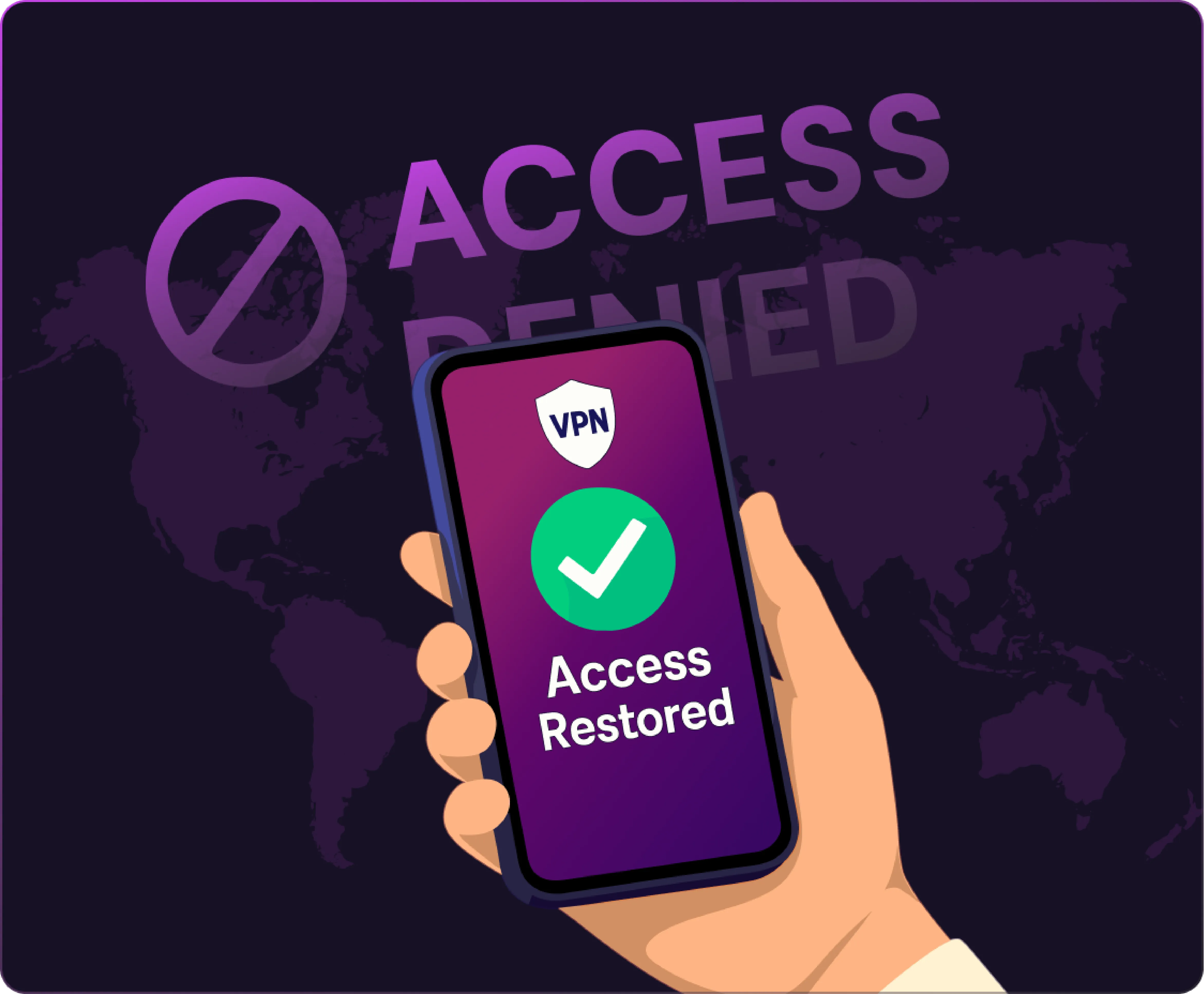 Hand holding a smartphone showing a VPN app restoring access against a background with the text ‘Access Denied.’